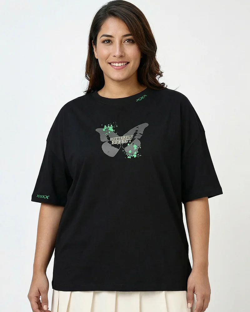 بيواكوف Women's Jet Black Butterfly Effect Graphic Printed Oversized Plus Size T-shirt